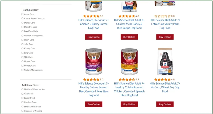  Screenshot of Hill's products with filters for health category and additional needs