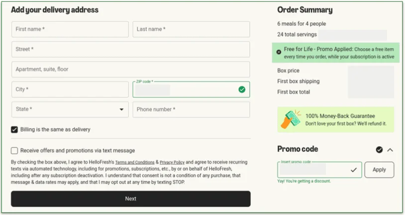 hellofresh sign up quiz - add your delivery address