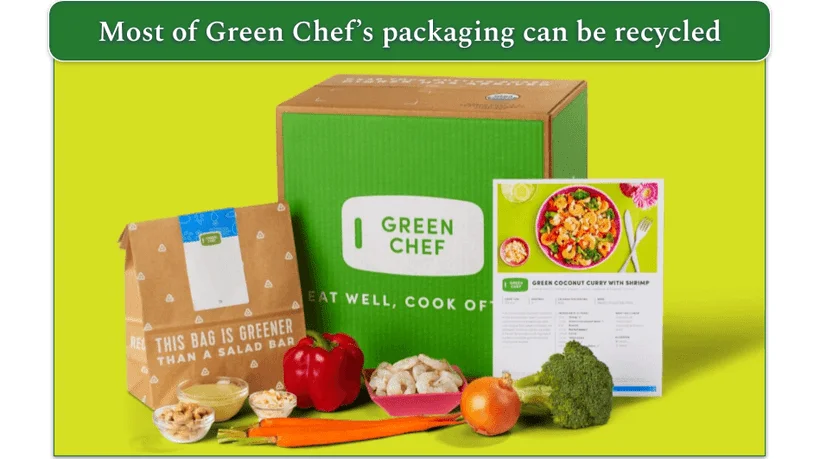 Image of Green Chef's delivery box, paper recipe bag, and recipe card