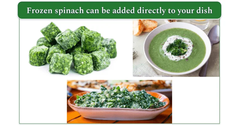 Frozen spinach next to images of soup and a Turkish casserole