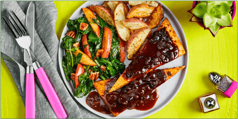 Green Chef's Tofu with Cherry Barbecue Sauce, Roasted Potatoes, and Collard Greens