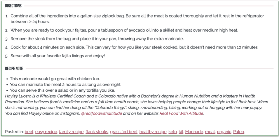 screenshot of Rastelli's Marinated Steak Fajitas recipe