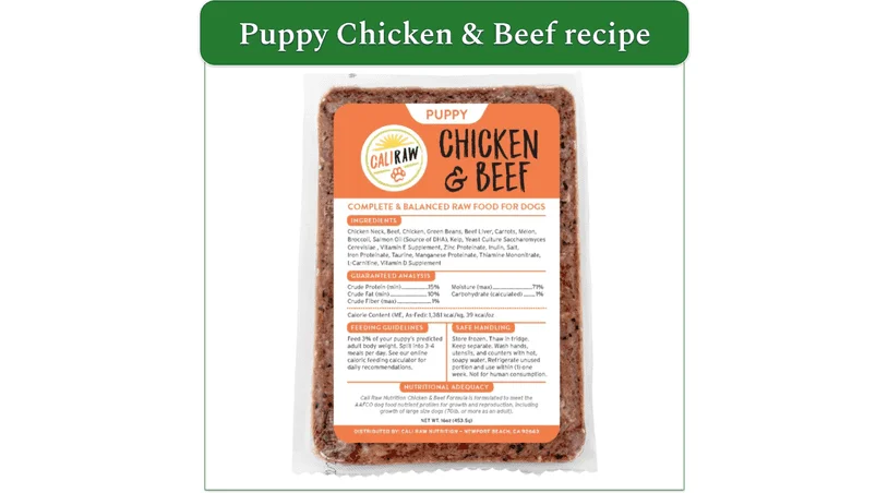 a screenshot of cali raw's chicken & beef recipe for puppies