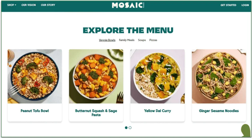 Screenshot of Mosaic Meals' menu with 4 Veggie Bowls pictured