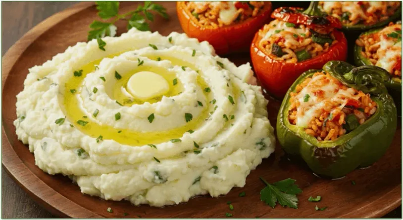 A plate of creamy mashed potatoes with garlic and herbs beside stuffed peppers.