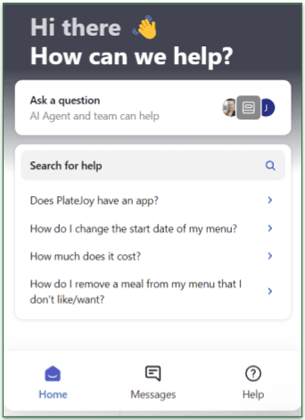 PlateJoy's help chat screen