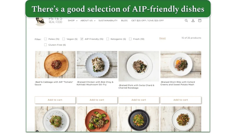 Screenshot of Pete's Real Food menu with AIP Friendly dishes listed