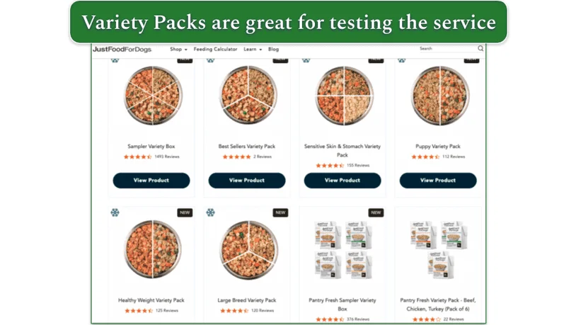 Image showing a selection of the variety packs that JustFoodFor Dogs offers