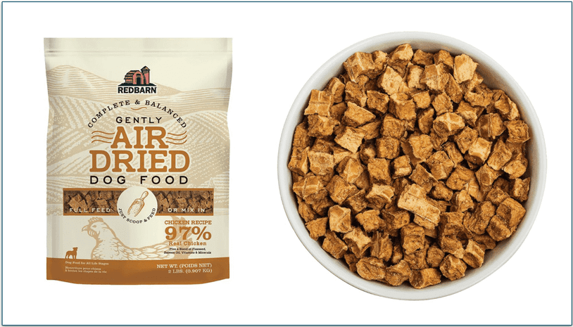 Redbarn's air-dried chicken recipe in a pack and served in a bowl