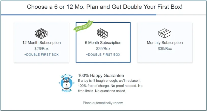 Pricing options for BarkBox Super Chewer subscriptions