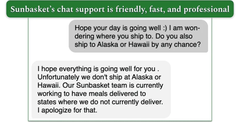 A friendly interaction with Sunbasket customer service via livechat