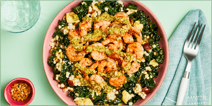 Green Chef's Pesto Shrimp & Couscous Bowls with Kale, Artichokes, Sunflower Seeds, & Dates