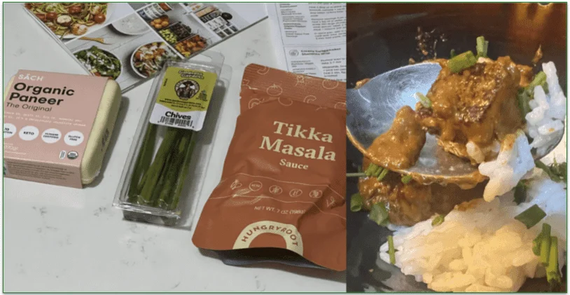 Ingredients and cooked dish for the Paneer Tikka Masala recipe