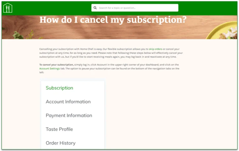 Home Chef's FAQ page answering "how do I cancel my subscription?"