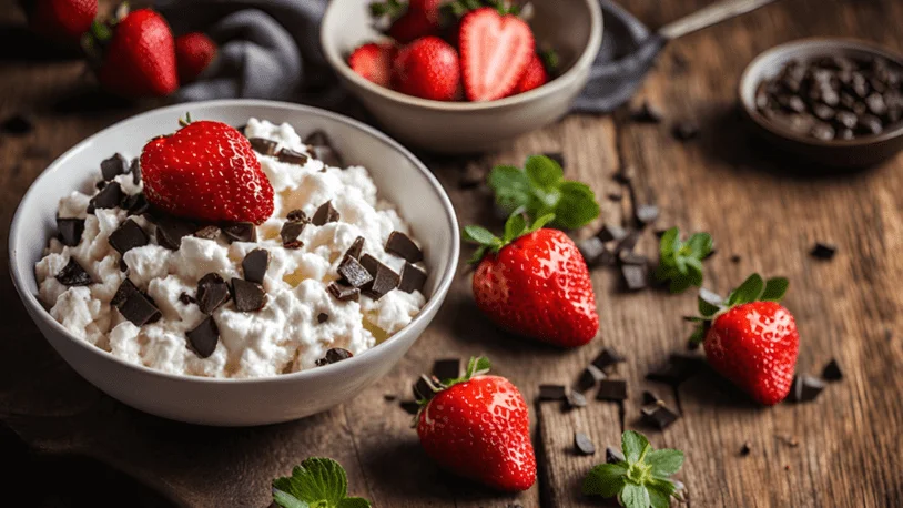 a bowl of cottage cheese topped with chocolate chips and a strawberry