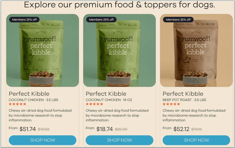 Yumwoof Kibble with prices and a member discount of 25%