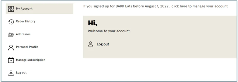 My Account screen on Bark Food