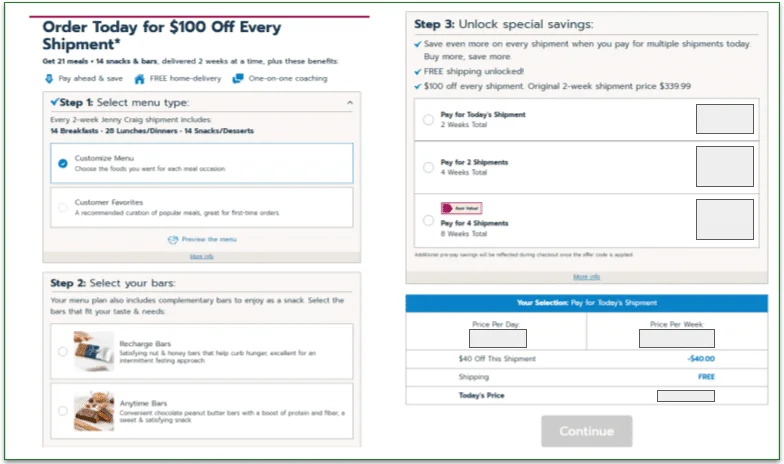 Jenny Craig menu and shipment options