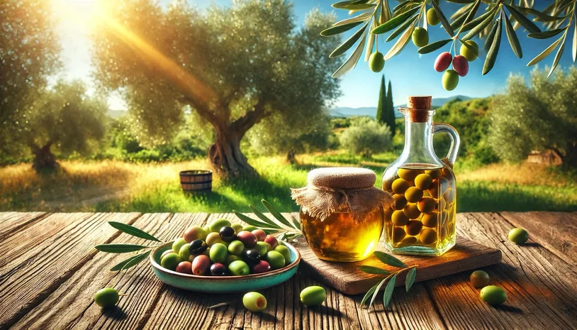 A bowl of olives, a jar of honey and a jug of olive oil on a table in an olive grove.