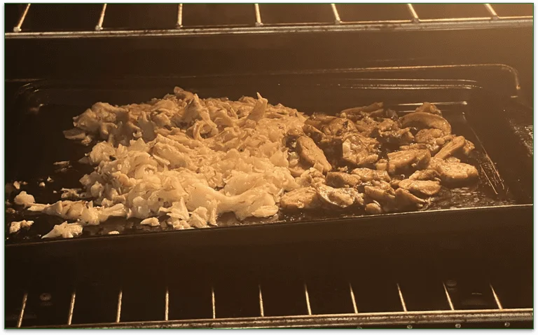 Photo of the components of the meal on a baking sheet inside an oven