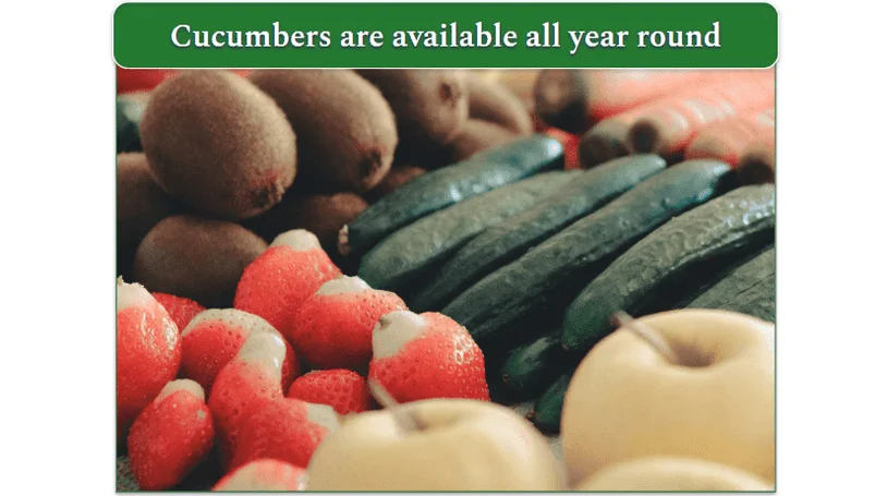 English cucumbers at the market, among other fruits and veggies