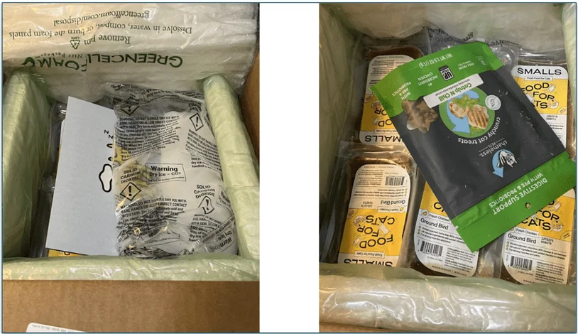 Photo of an opened Smalls box revealing the pack of dry ice and insulation material next to a photo of the Smalls food packs and treats inside the delivery box