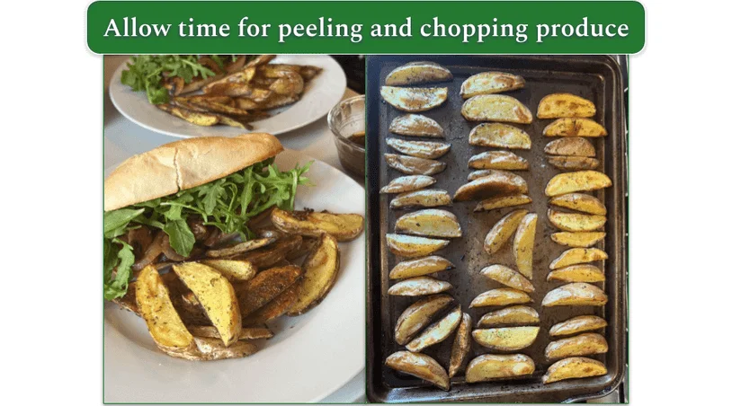 Vegan Mushroom French Dip Sandwiches next to a tray of wedges both prepared by our reviewer