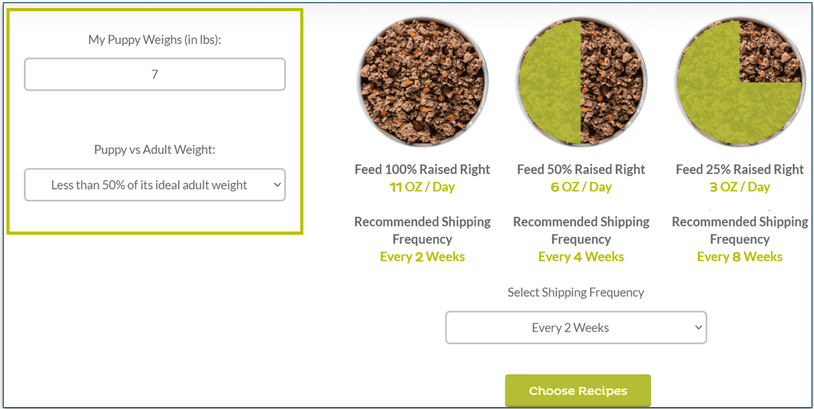 Raised Right's different feeding recommendations for dogs and puppies