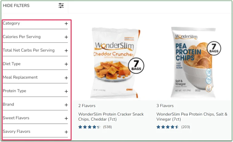 Diet Direct's Snacks & Desserts filtering system