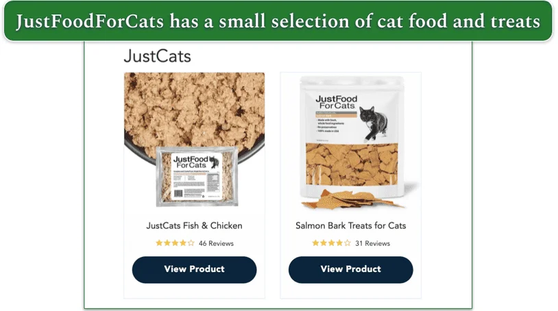 Screengrab of JustFoodFor Cats cat food offerings