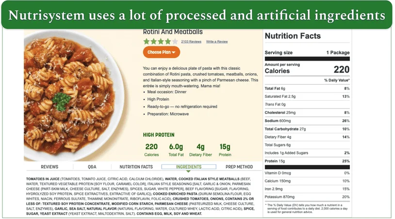 Screenshot of nutritional information for Nutrisystem's Rotini and Meatballs.