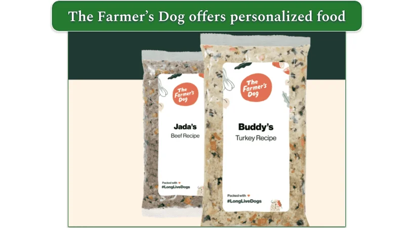 Two dog food recipes from The Farmer's Dog sealed in their packaging