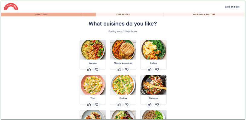A section of Hungryroot's introductory questionnaire asking about cuisine preferences