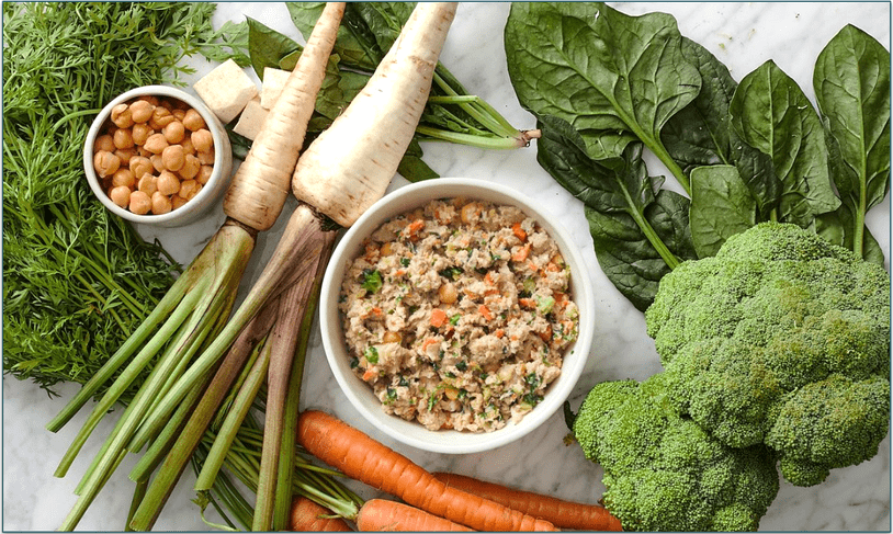 The Farmer's Dog recipe in a bowl surrounded by fresh vegetables