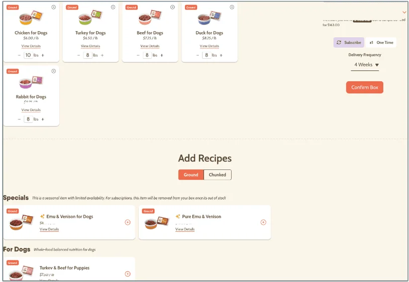 Viva Raw meal selection page