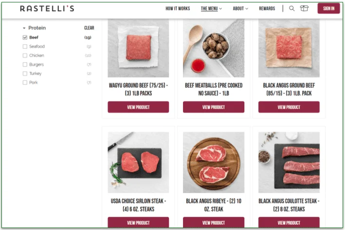 Rastelli's beef selection menu