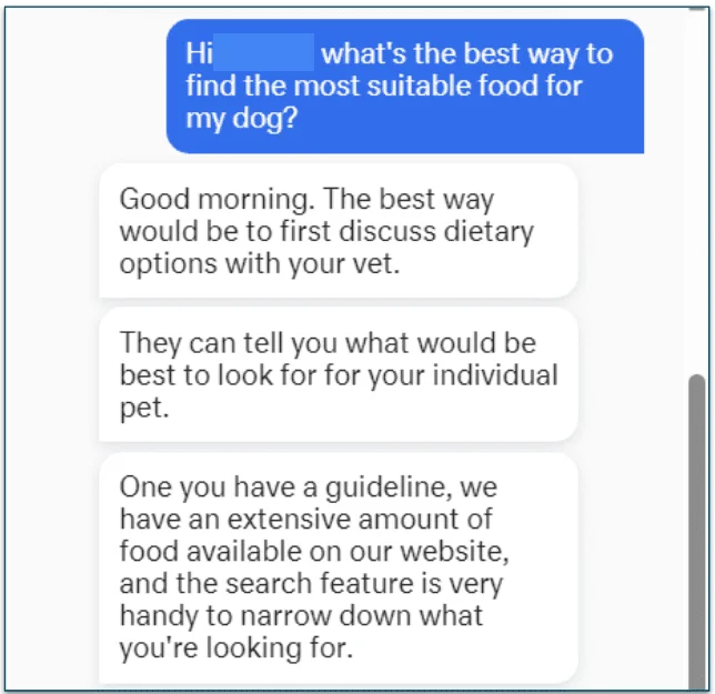 Screenshot of live chat with a PetCareRx customer agent
