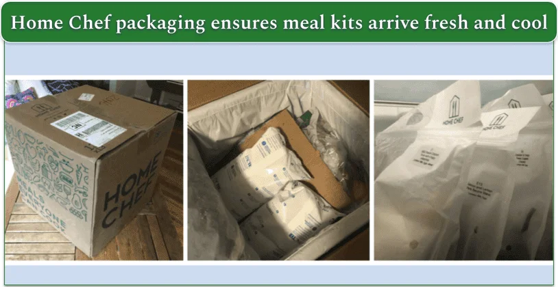 Home Chef unboxing in 3 images showing the box and  recipes packed individually