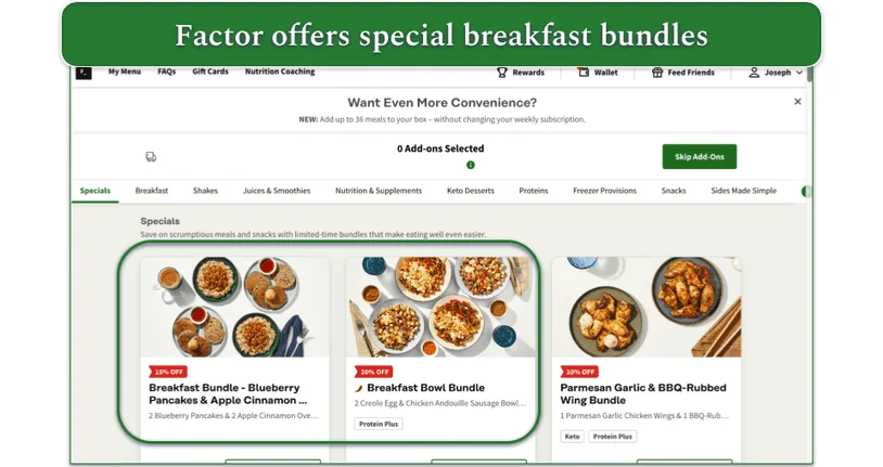 Screenshot of Factor’s add-ons menu with breakfast bundles highlighted