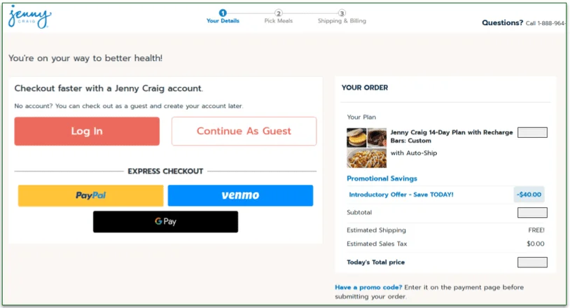 Order with costs and account creation screen