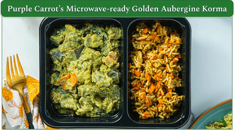 Purple Carrot's Golden Aubergine Korma in a microwave-ready tray