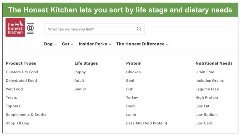 A screenshot of The Honest Kitchen's dog food screen
