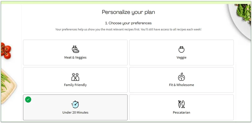 Screenshot of HelloFresh's recipe preference page
