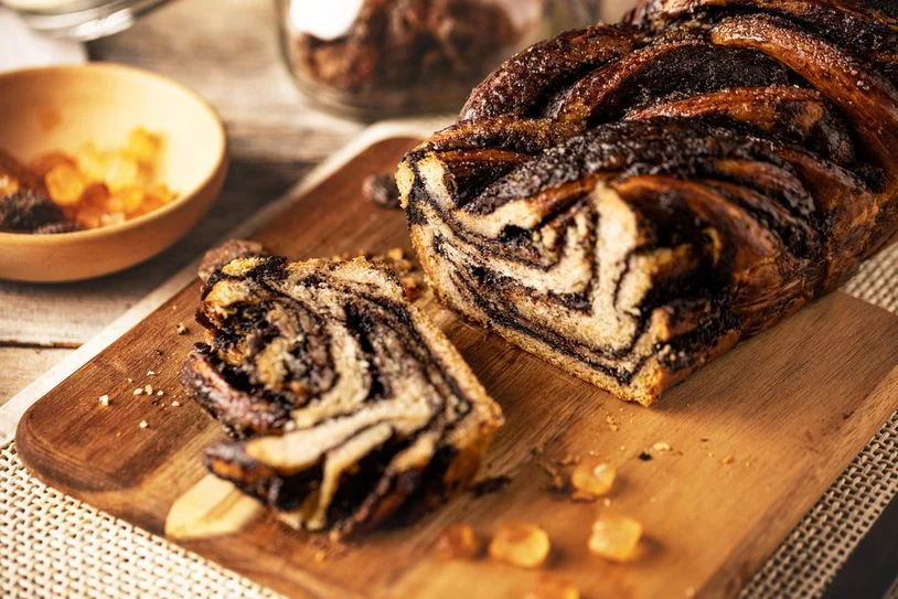 Chocolate babka served on a platter