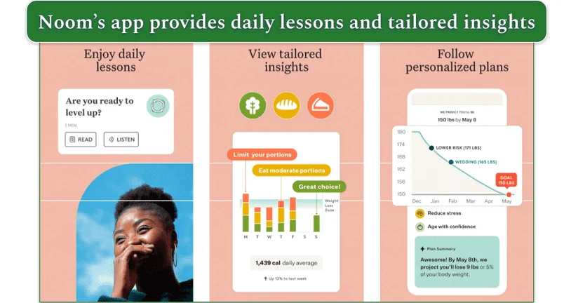 Lessons, insights, and plans provided on the Noom app