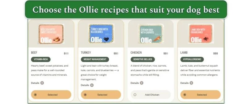 Ollie's menu where you can choose your dog's recipes