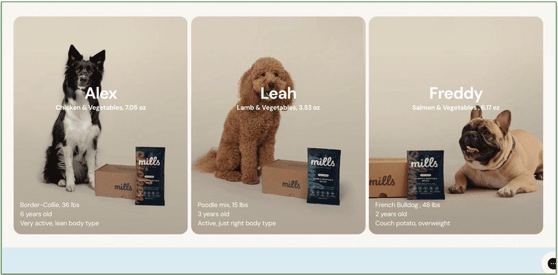 Screenshot from Mills website of 3 different dog breeds next to different size Mills packs with their basic details
