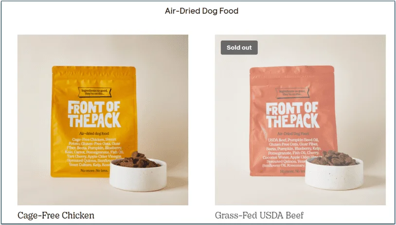 FOTP's Chicken and Beef options with the food bags and bowls of food