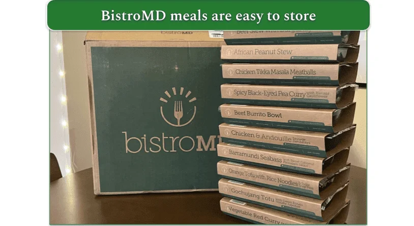 BistroMD box and stack of meals next to it