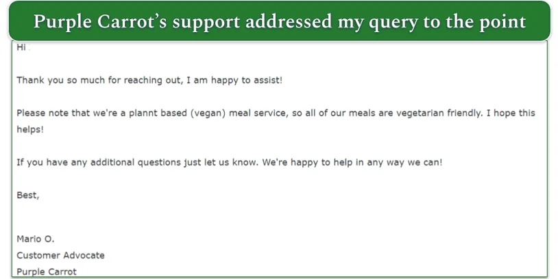 Response from Purple Carrot's customer support advocate